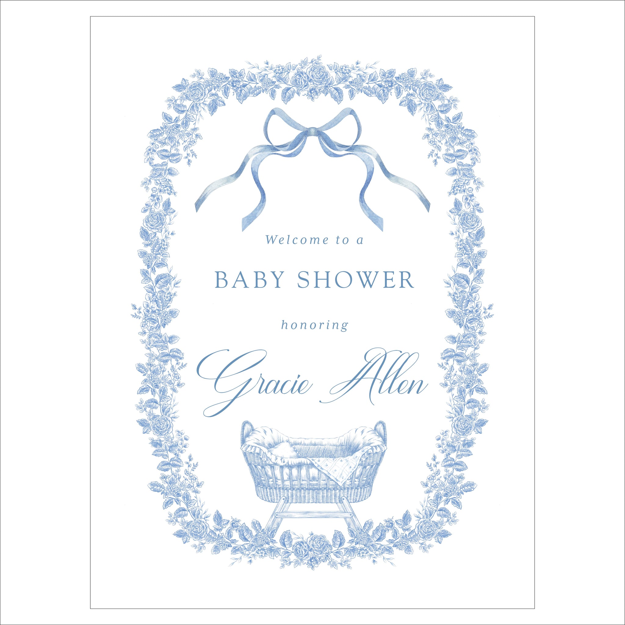 Baby Shower Welcome Sign | Blue Floral Baby Bassinet