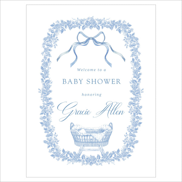 Baby Shower Welcome Sign | Blue Floral Baby Bassinet