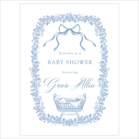 Baby Shower Welcome Sign | Blue Floral Baby Bassinet