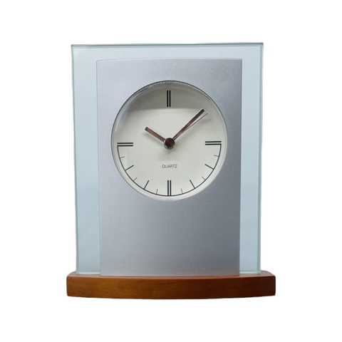 Glass With Wood Base Tabletop Clock