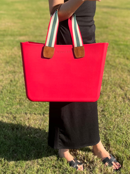 red plastic large beach tote