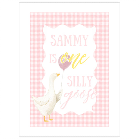 First Birthday Welcome Sign | Pink Gingham Silly Goose Watercolor