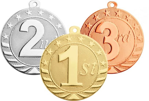 Gold, silver, and bronze medals with first, second and third place design on the front of each