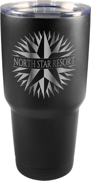 Black 30 oz engraved tumbler. Has a skinny bottom to fit inside a cup holder. Comes with a clear plastic lid.