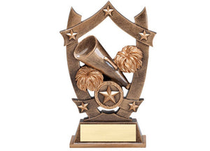 Bronze shield cheerleading trophy featuring two pom poms and a megaphone.
