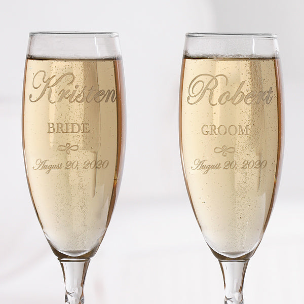 Custom Engraved Champagne Flutes with Monogram Letter