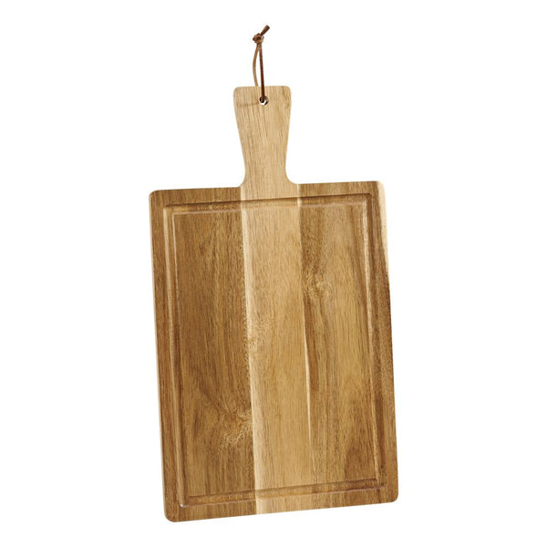 Rectangle shaped acacia wood cutting board with handle.
