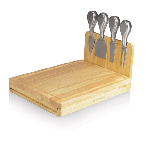 Rectangle shaped cutting board featuring a fold out end that houses four silver metal cheese tools attached magnetically.