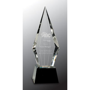 Engraved crystal award featuring a square tapered black glass base. The crstal is triangle shaped and faceted on the back but flat on the front for your engraved message.