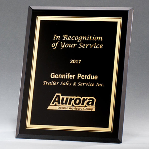 Black and gold personalized glass plaque