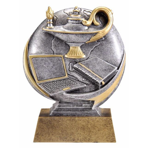 Silver and gold academic excellence resin featuring a laptop, books, and a lamp of knowledge.