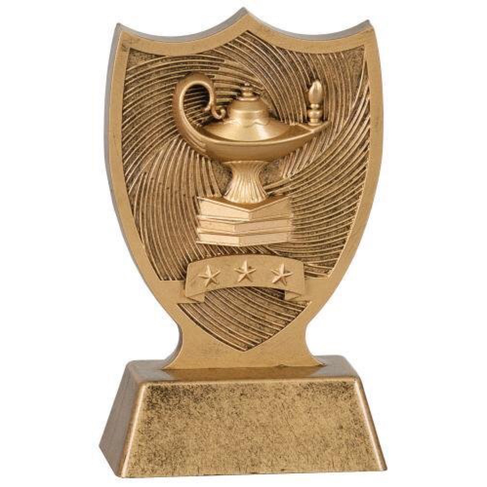 Gold academic trophy featuring a lamp of knowledge sitting on top of a stack of books inside a shield shaped design.
