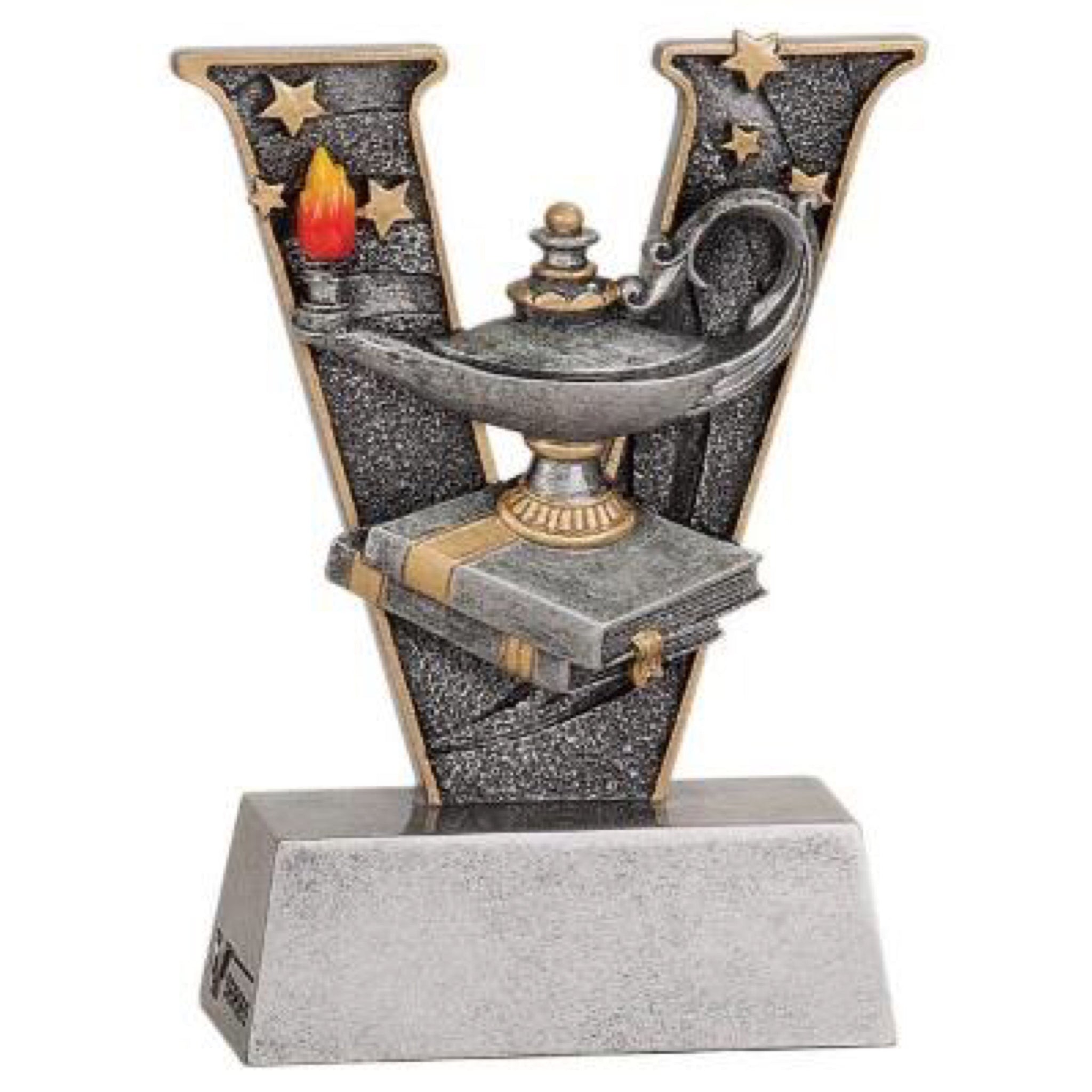 Letter "V" shape trophy featuring a lamp of knowledge sitting on two books.