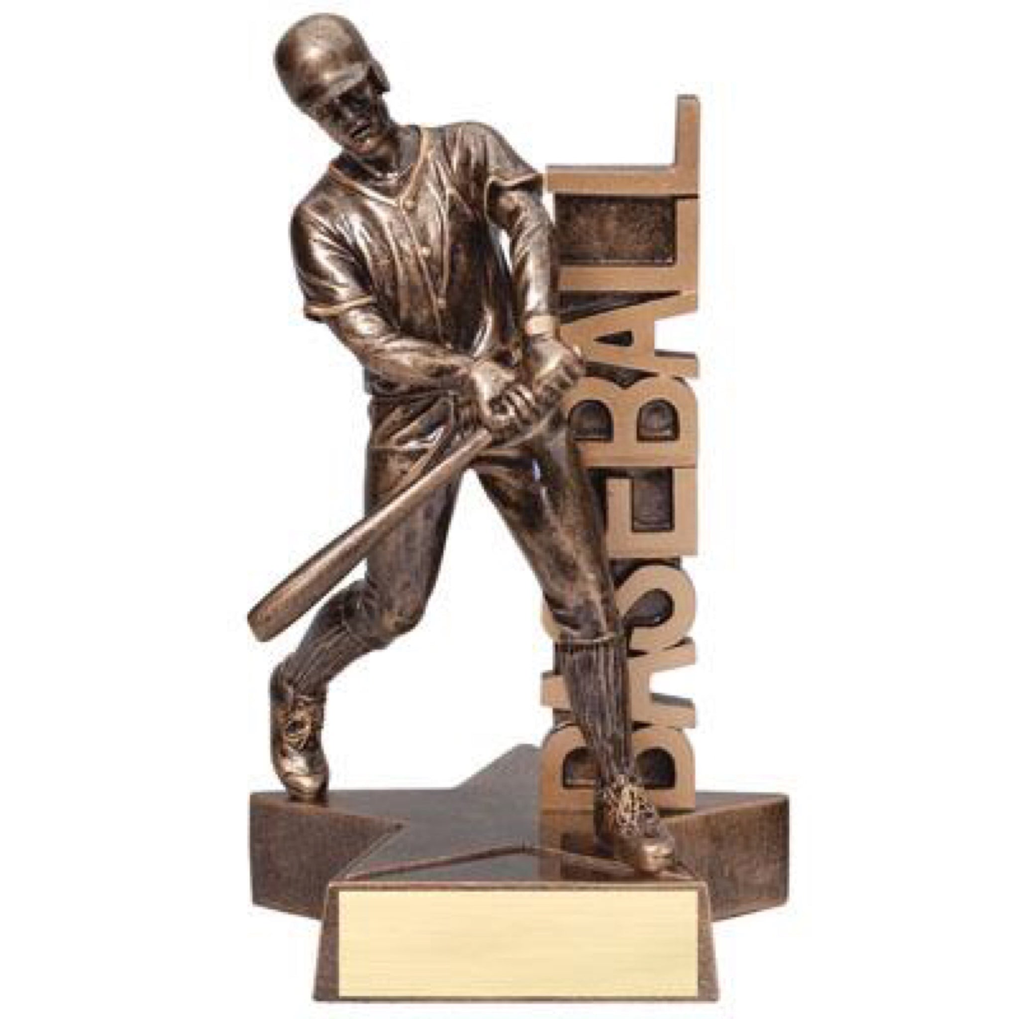 Bronze billboard baseball trophy featuring a star shaped base, a baseball player swinging a bat, and the word "BASEBALL" vertically displayed.