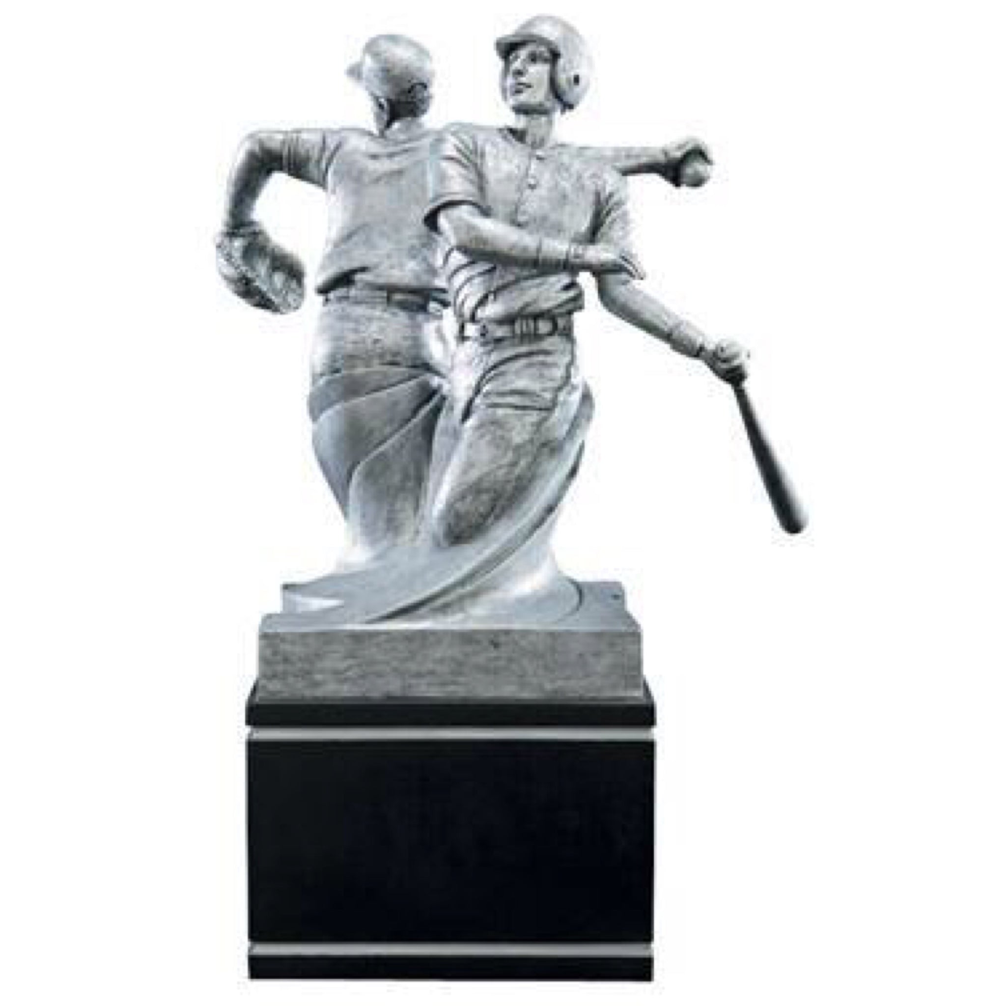 Large silver baseball trophy on a black square base featuring double sided baseball players with their backs to each other. One baseball player is throwing a ball, and the other side features a baseball player swinging his bat.
