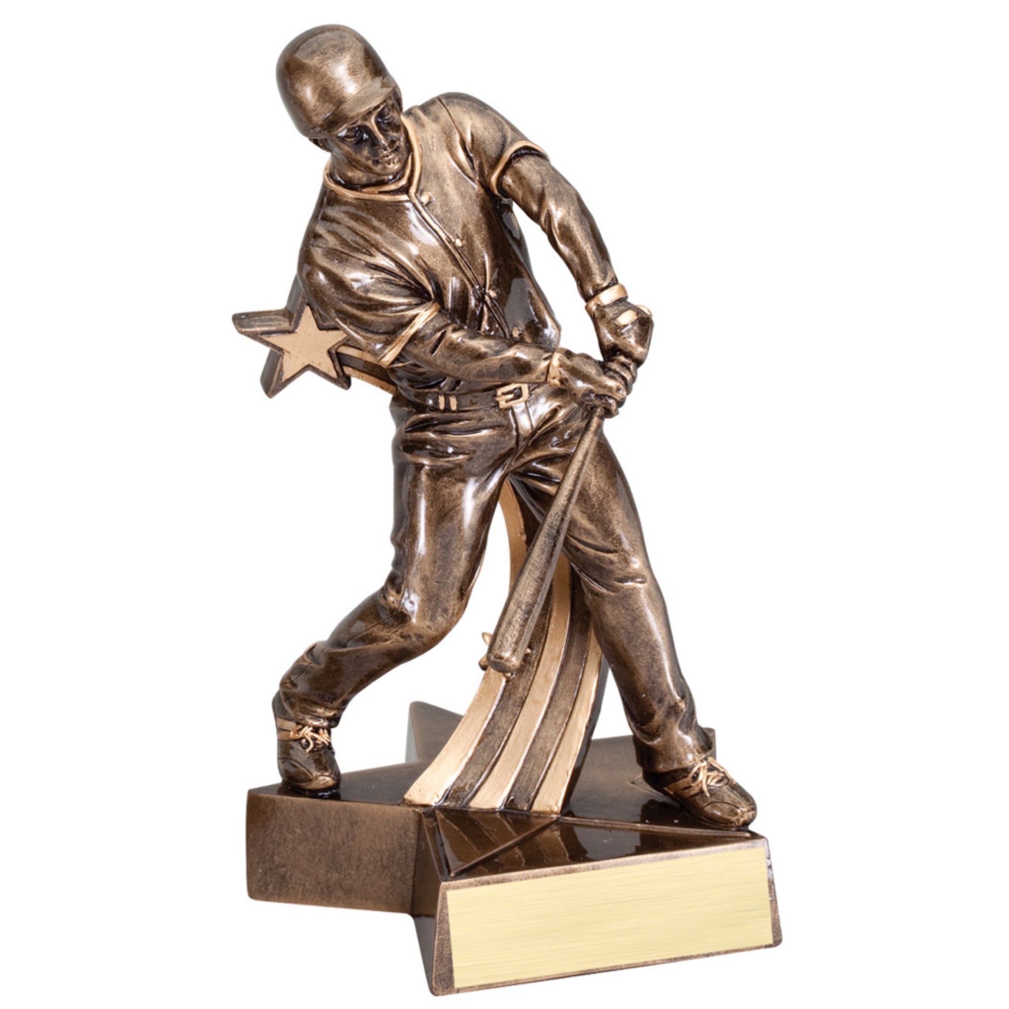 Bronze baseball trophy featuring a baseball player swinging his bat attached to a star shaped base.