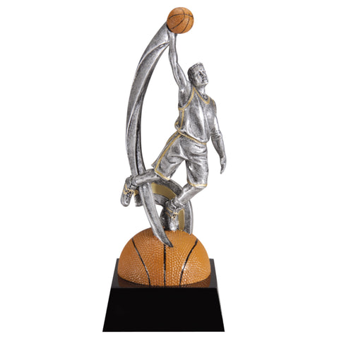 Large basketball trophy featuring a black shiny base and a semi circle basketball with a basketball player standing on top dunking a ball.