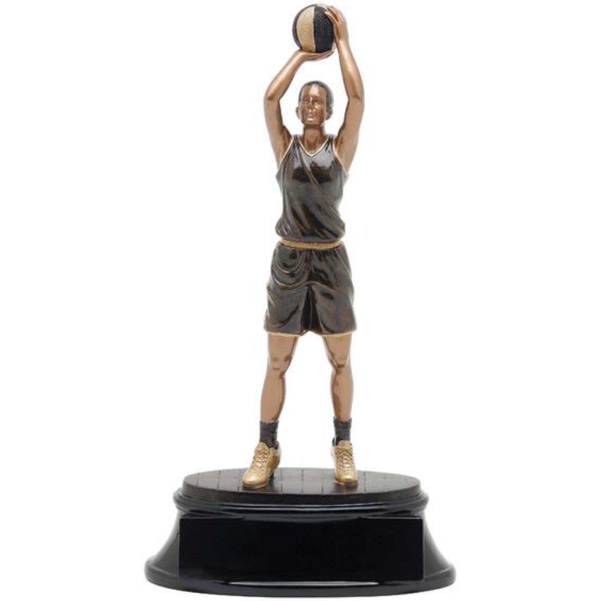 Black and gold basketball trophy featuring an oval shaped base and a female basketball player throwing a jump shot.