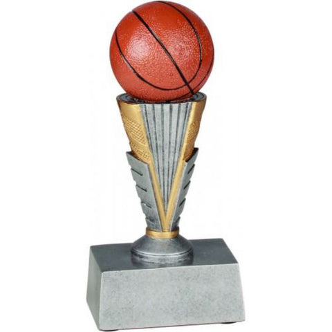 basketball trophy featuring a silver rectangular base and a pedestal with a large orange basketball sitting on top.