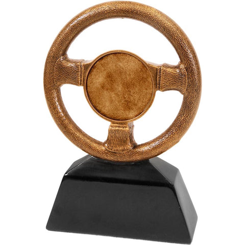 Car show steering wheel trophy featuring a black rectangle base and a bronze steering wheel sitting on top.