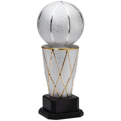 Extra large silver ceramic basketball trophy featuring a black wood base and a tall basketball net with a large shiny silver basketball sitting on top.