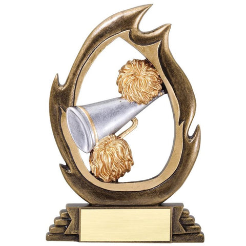 Bronze flame shaped cheerleading trophy featuring two gold pom poms and a silver megaphone.
