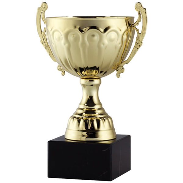 Large gold metal cup trophy featuring a black square marble base where an engraved plate can be attached, and a shiny gold stem and bowl shaped cup on top. The cup trophy has two handles, one one each side.
