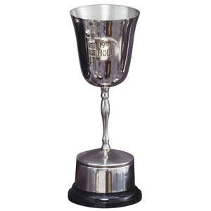 Silver metal golf cup trophy featuring a black and silver round base, a skinny stem, and a cup that reads "19th HOLE".