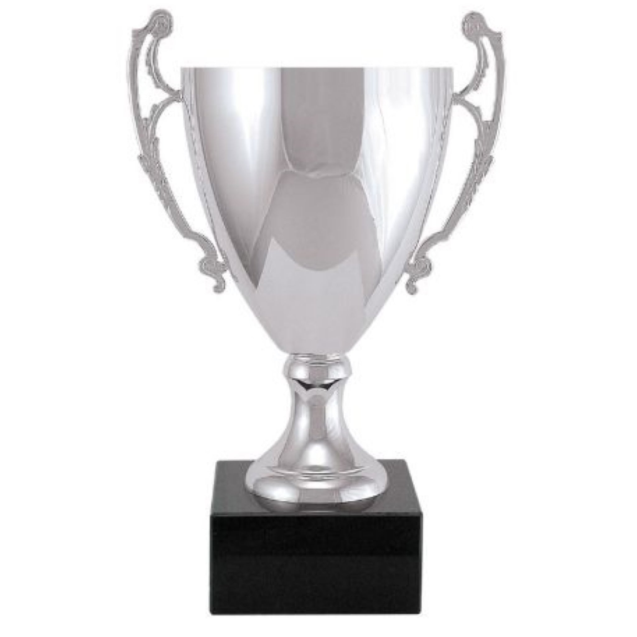 Silver metal cup trophy featuring a thick black square base made of marble. A long cup sits on top with two handles, one on each side.