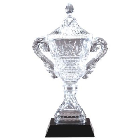 Crystal cup trophy featuring a black square tapered base and an crystal vase with two handles, one on each side. There is a lid and an ornate design throughout.