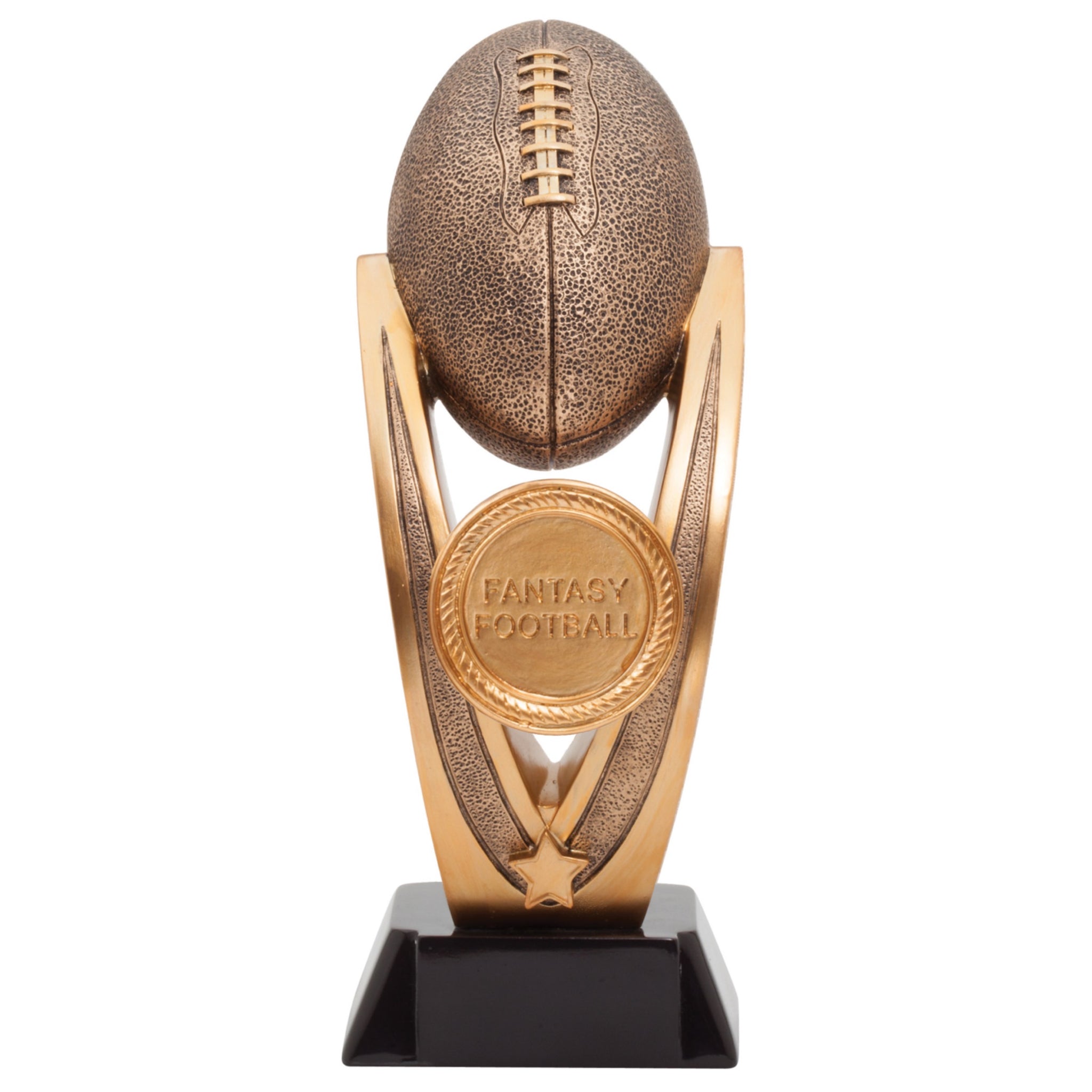 Large fantasy football award featring a black square base, a gold round medal in the middle that reads "Fantasy Football" and a large bronze football at the top held up by two posts.