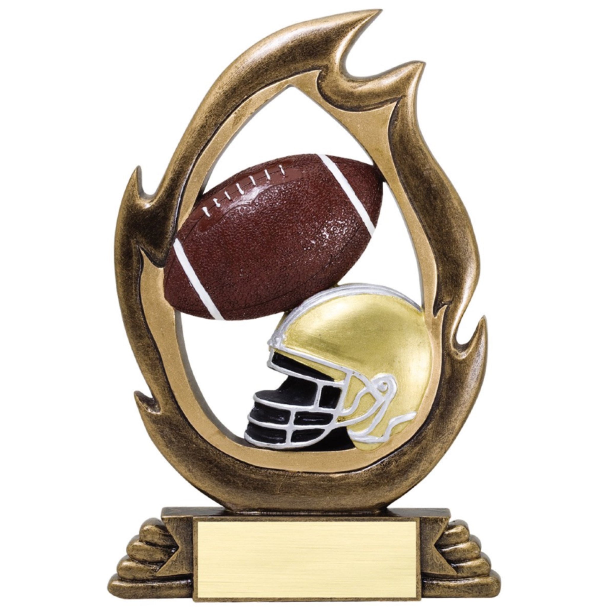 Bronze flame shaped football resin featuring a gold and black football helmet and a brown and white football design inside the flame.