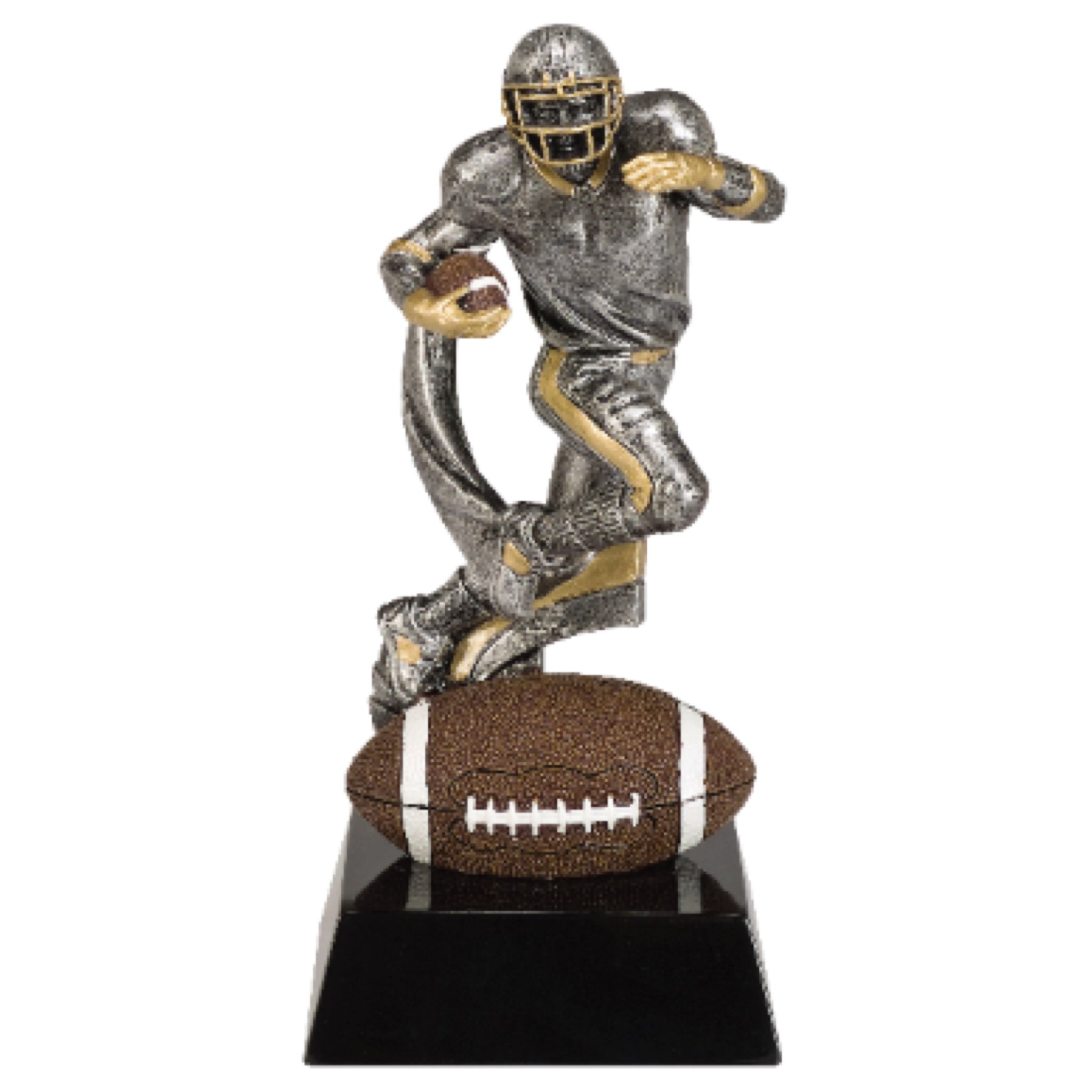 Football trophy featuring a black square base, a brown football at the bottom, and a silver football player running and jumping with a football in one arm.