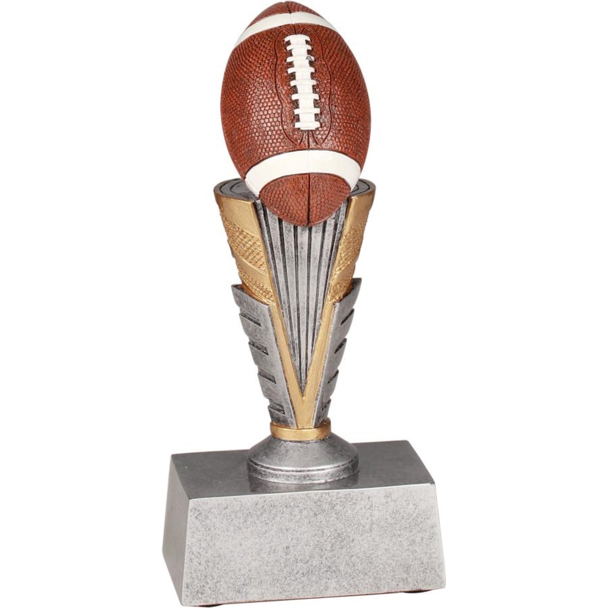Zenith football resin featuring a silver rectangle base and a detailed silver and gold pedestal with a brown and white football sitting on top slanted downward.