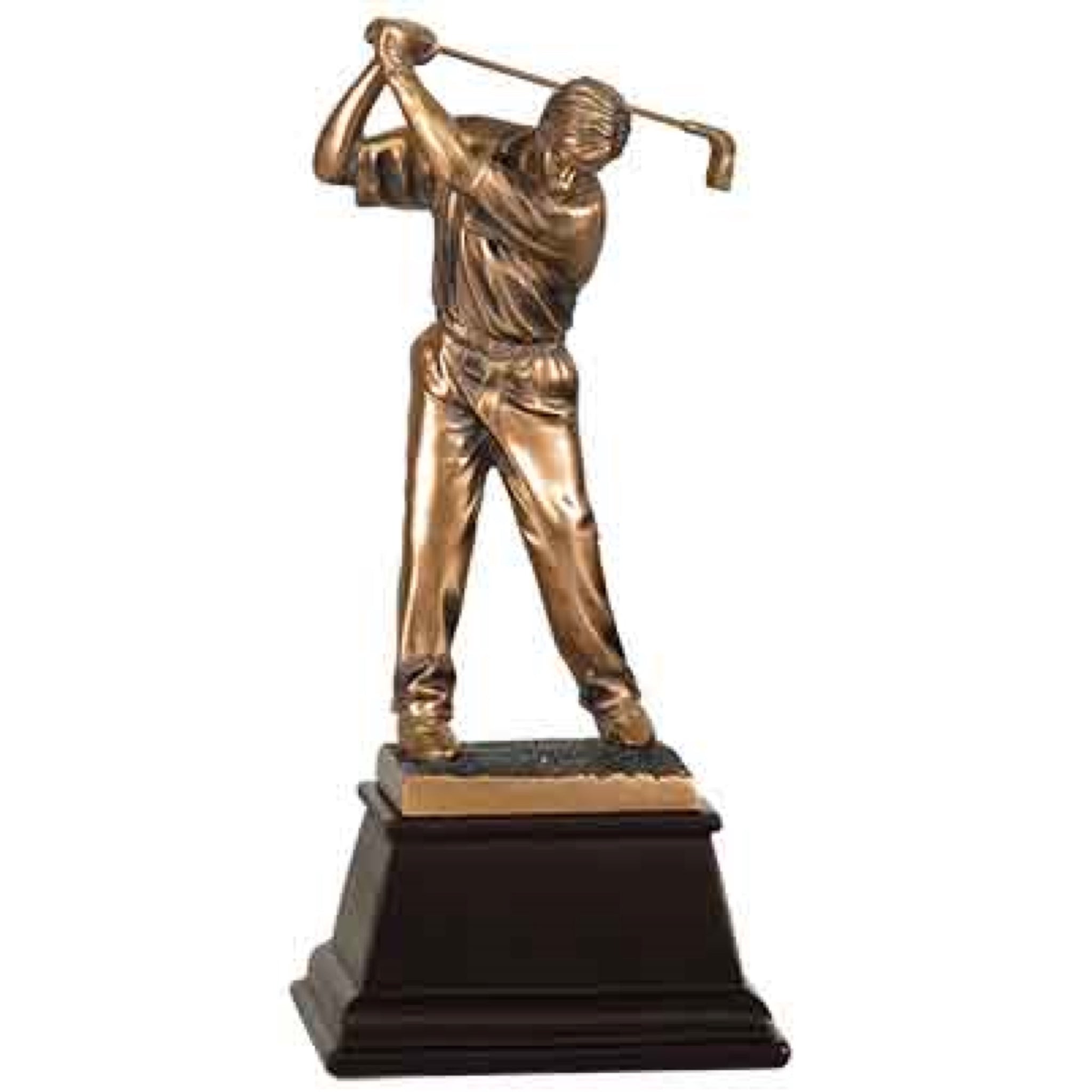 Medium sized bronze golf trophy on a tapered square dark wood base. The bronze male golfer has his head down and his club is behind his head as if he is about to swing it.