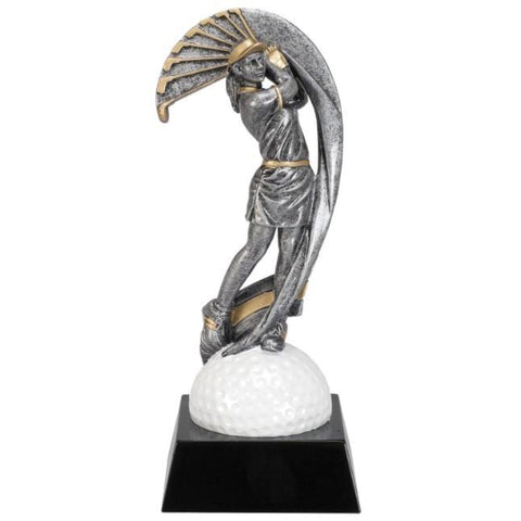 Female golf trophy featuring a black glossy square base with a semi circle golf ball sitting on top. A silver female golfer is standing on top of the large white golf ball and her club is behind her head while she looks off into the distance as if she has just swung her club.