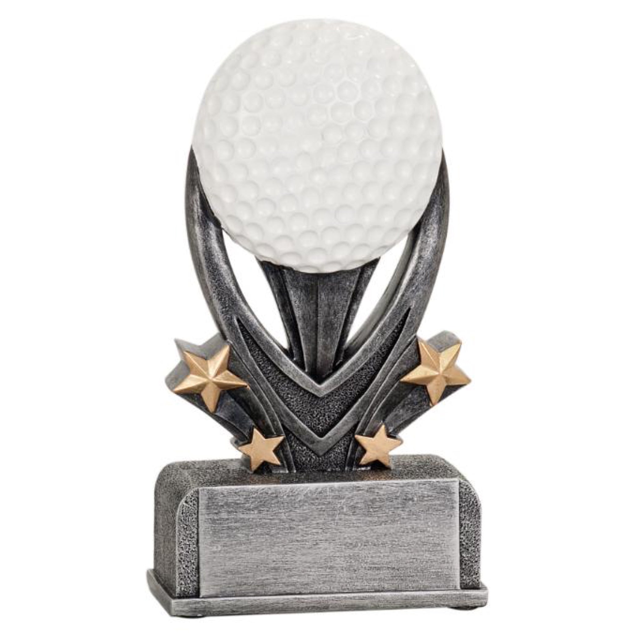 Golf resin featuring a silver rectangle base with a silver golf tee sitting on top. Two gold stars shoot out diagonally from each side. On top of the silver tee sits a large textured white golf ball.