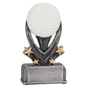 Golf resin featuring a silver rectangle base with a silver golf tee sitting on top. Two gold stars shoot out diagonally from each side. On top of the silver tee sits a large textured white golf ball.