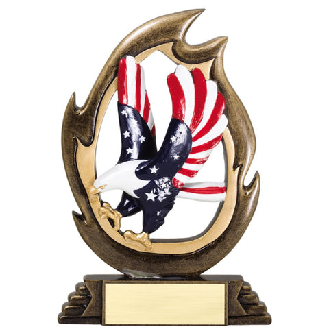 Bronze flame trophy featuring a red, white, and blue American flag themed eagle flying with its talons out.