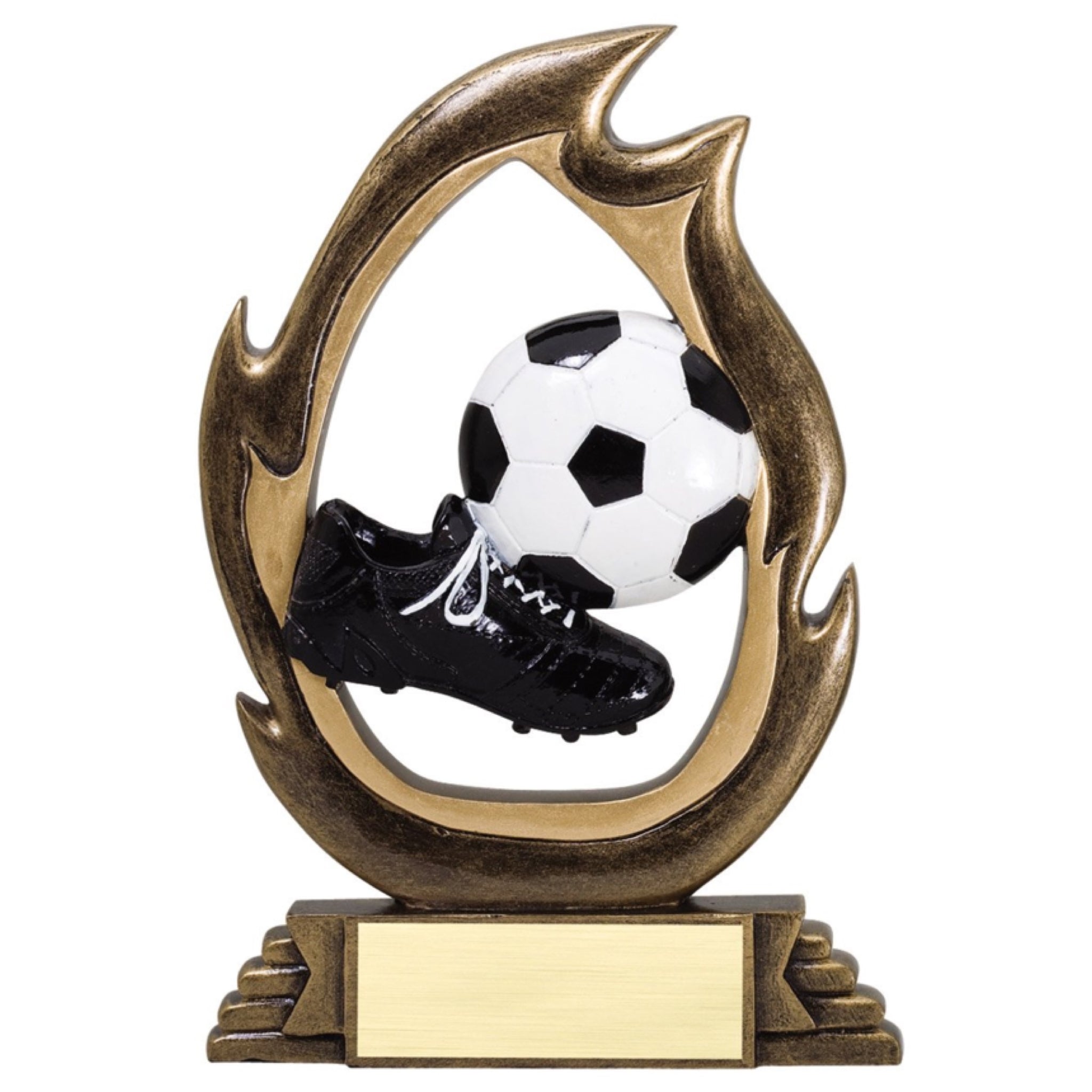 Soccer trophy featuring a bronze flame design with a black soccer cleat and black and white soccer ball inside.