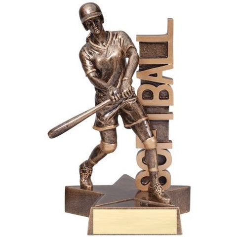 Bronze softball trophy featuring a star shaped base and a softball player with her bat up. The word "SOFTBALL" is displayed behind her vertically.