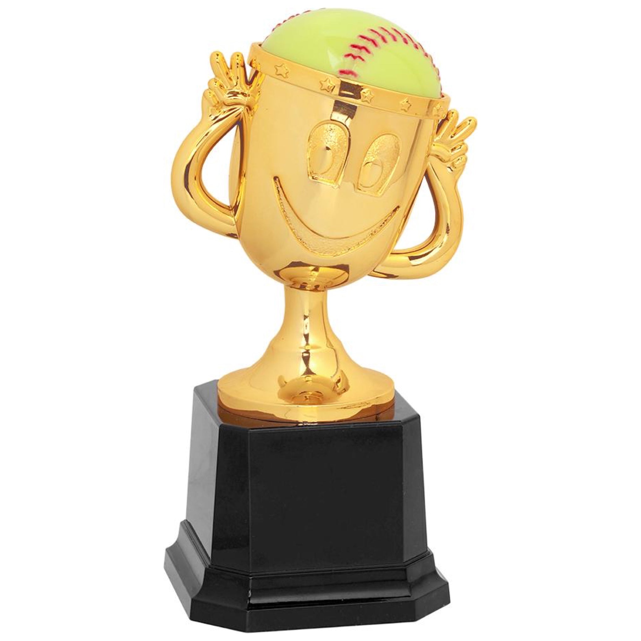 Kids softball cup trophy featuring a square black base and a small gold cup attached. The gold cup has two arms, a happy face, and a softball sticking out of the top of the cup.
