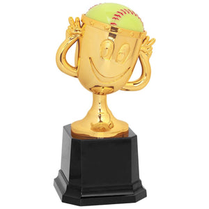 Kids softball cup trophy featuring a square black base and a small gold cup attached. The gold cup has two arms, a happy face, and a softball sticking out of the top of the cup.