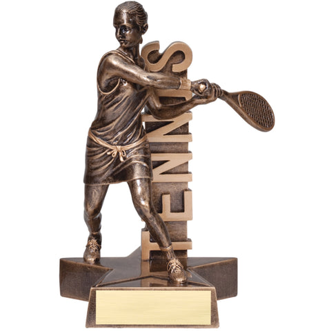 Bronze tennis trophy featuring a female tennis player in backhand position. The word "TENNIS" is displayed behind her vertically.