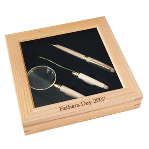 pen, letter opener, and magnifying glass maple gift set