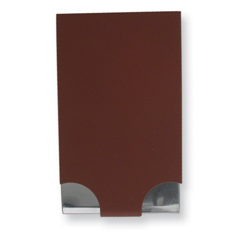 Portable business card case with a maroon cover and shiny silver body.