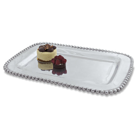 Shiny silver large rectangle shaped tray with a beaded edge. Center of the tray can be engraved with a special message.