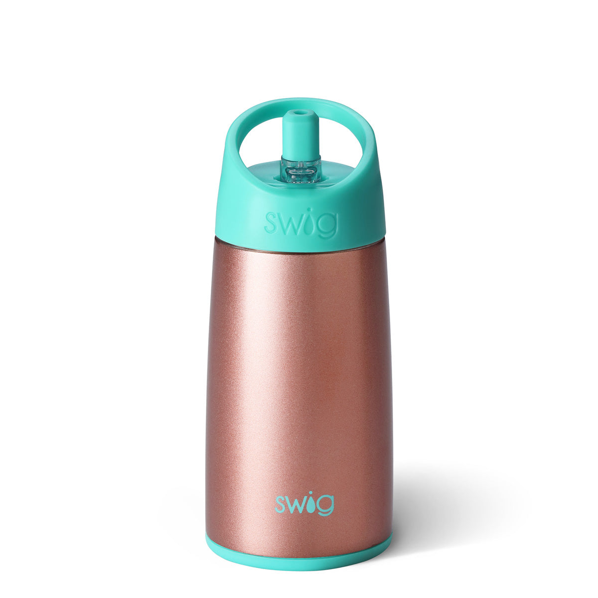 Swig brand 12 oz tumbler with a screw off lid featuring small straw coming out of the top. The tumbler is rose gold with a turquoise lid.