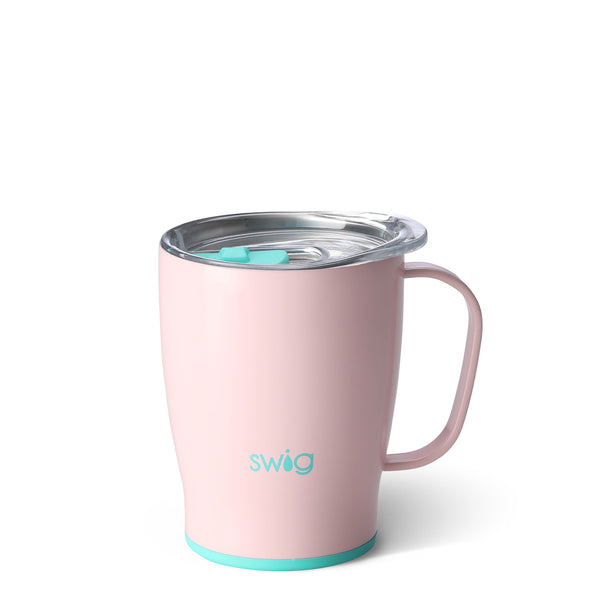 Swig brand 18 oz coffee mug tumbler featuring a clear lid. The tumbler is light pink.