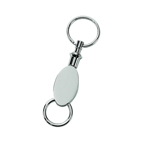 Silver oval keychain with a key ring one one end and a circle on the other end for extra keys.